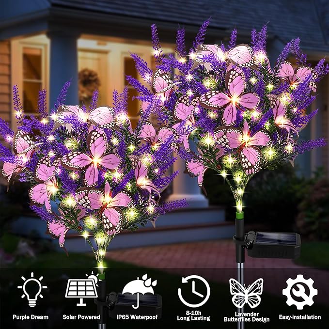 Kohlrabi Solar Garden Lights Outdoor, 6 Pack Solar Butterfly Lights Purple Lavender Gardening Gifts for Women, Artificial Flower with Butterfly Purple Garden Decor for Lawn Patio-Warm White