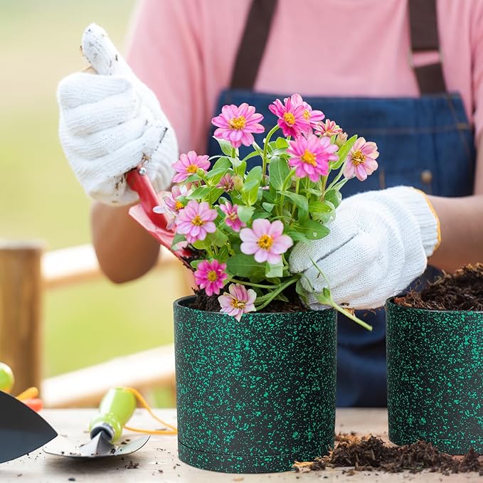 12/10/8 inch Large Deep Plant Pots for Outdoor Indoor Plants, 3 Pack Tall Cylinder Flower Pots, Plastic Planters with Drainage Holes and Saucers for Garden House, Black with Green Speckles