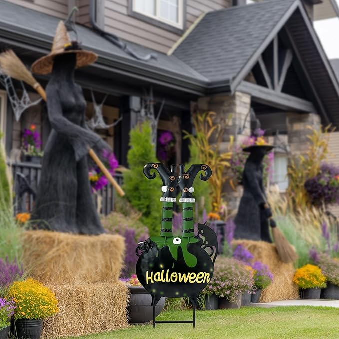 HONGLAND Halloween Decorations Witch Cauldron Garden Stake, Witch Feet Cauldron Eyeball Black Cat Halloween Decor for Outdoor Porch- 31 Inch