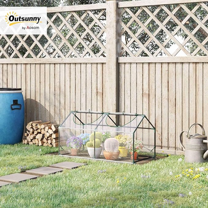 Outsunny 4' x 2' x 2' Portable Mini Greenhouse, Small Green House with PVC Cover, Roll-up Zippered Windows for Indoor, Outdoor Garden, Clear