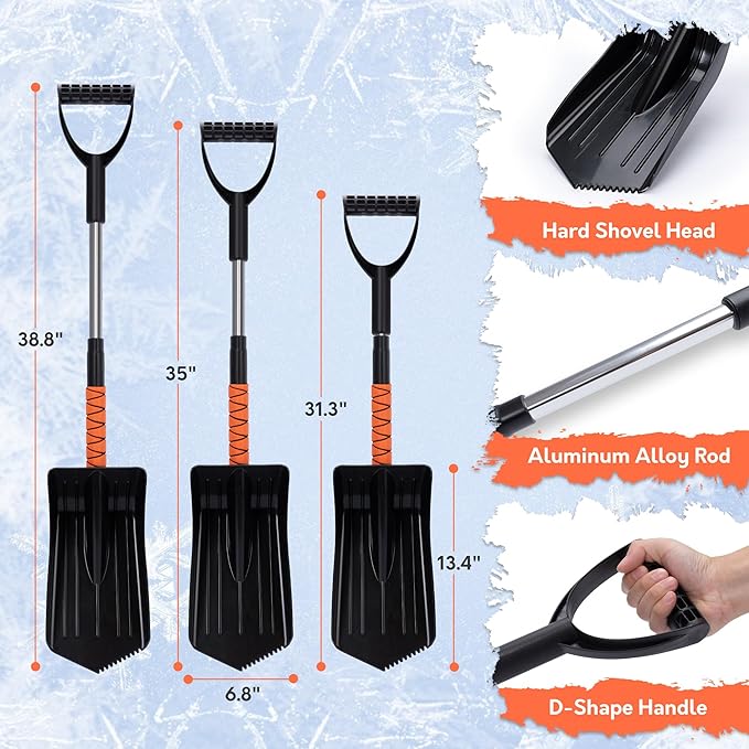 TONDA Snow Brush and Ice Scraper for Car Windshield, 180° Rotating Brush with Squeegee, Extendable Handle with Foam Grip, Snow Shovel for Cars, Trucks & SUVs, Orange