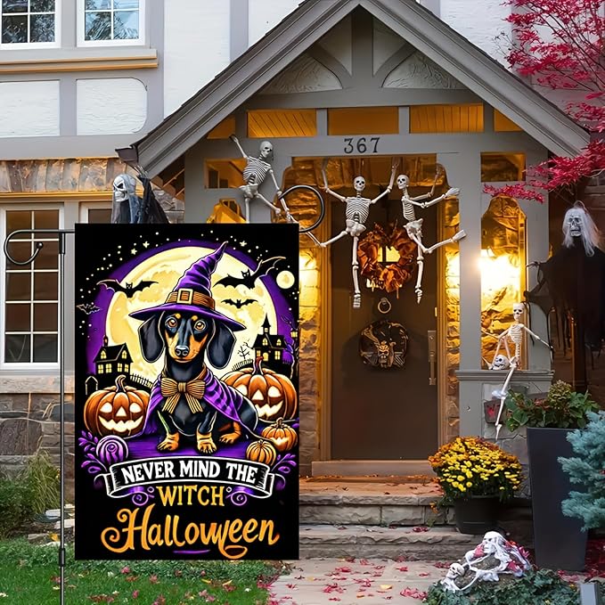 Witch Halloween Garden Flag 12 x 18 Double-Sided Witch Hat Dachshund Dog Garden Flag Fall Pumpkins Seasonal Holiday Outdoor Yard Flag Lawn Party Decorations Banner