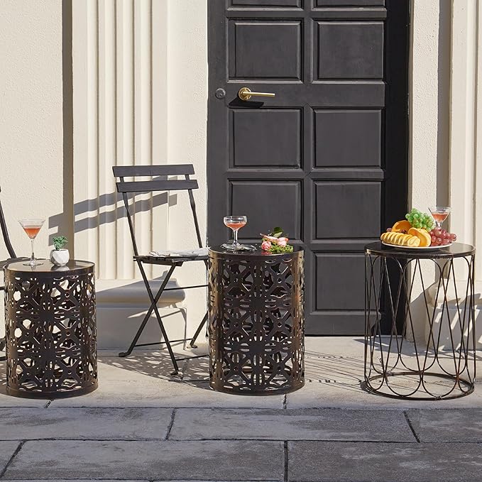 Y&M Set of 3 End Tables, Nesting Metal Round Coffee Table, Heavy Duty Metal Plant Stand Garden Stool, Outdoor Multifunctional Use Black with Bronze (Ship from US)