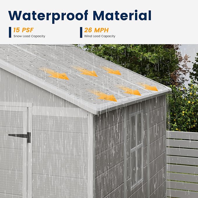 UDPATIO Resin Storage Shed 8 x 6 FT, Outdoor Garden Sheds with Floor Plastic Patio Outdoor Storage Shed with Lockable Door, Sandstone