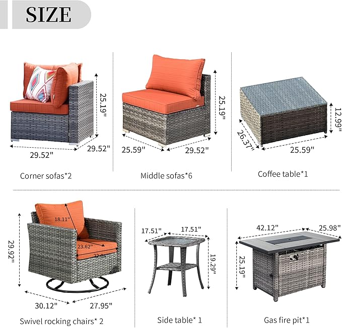 HOOOWOOO 13 Piece Patio Sectional Furniture Set with Fire Pit Table,Modern Wicker Outdoor Conversation Sofa Sets,All Weather Modular L Shaped Outside Couch Swivel Chair Set(Orange Red)