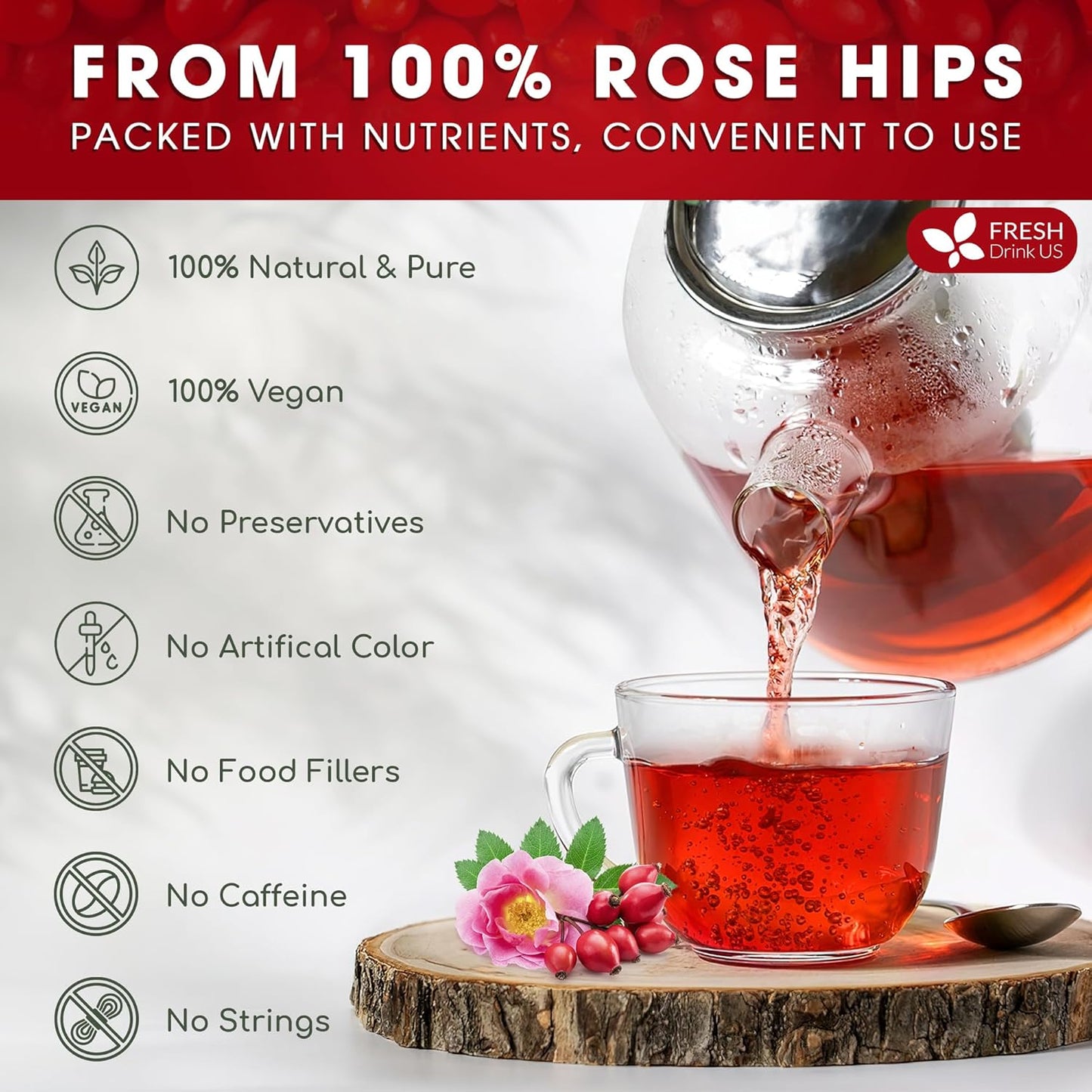 FreshDrinkUS, Premium 55 Rosehip Tea Bags, 100% Natural & Pure from Rose Hip Fruits. Loose Rosehip Herbal Tea. Made with Natural Material Tea Bags. No Sugar, No Caffeine, No Gluten, Vegan.