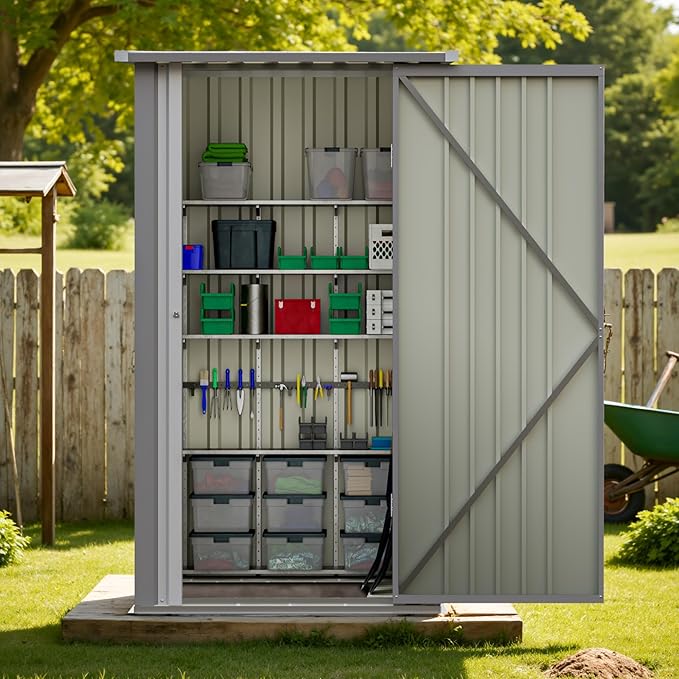 Greesum 3×3FT Outdoor Storage Shed, Metal Patio Storaged Sheds with Lockable Doors, Sheds & Outdoor Storage for Backyard, Pool and Garden, Gray