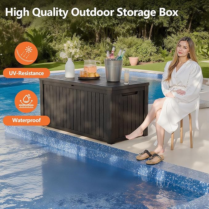 180 Gallon Outdoor Storage Box - Waterproof Resin Deck Box for Patio Cushions & Garden Tools - Lockable & Durable Outdoor Storage Bin - Sleek Black Design