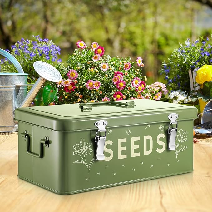 Seed Organizer Storage Box with 4 Compartments Lockable Sealed Metal Seed Container Kit Includes 50 Seed Bags 100 Plant Tags 50 Clips and Marker
