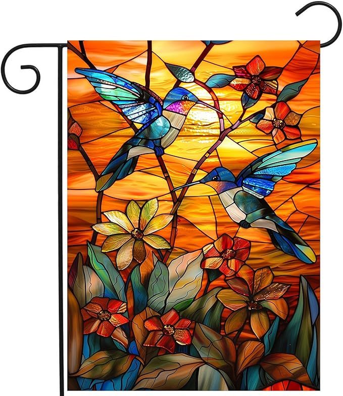 Stained Glass Hummingbird Garden Flag Spring Summer Yard Flag Fall Floral Decorative Flags for Outside 12x18 Double Sided Small Seasonal Lawn Flags Rustic Outdoor Decor