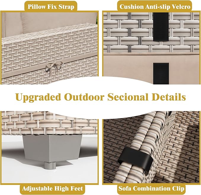 11 Pieces Patio Furniture Set, Outdoor Sectional Wicker Sofa with Thick Cushions and Storage Coffee Table, Rattan Patio Conversation Sets for Deck Garden Poolside, Khaki