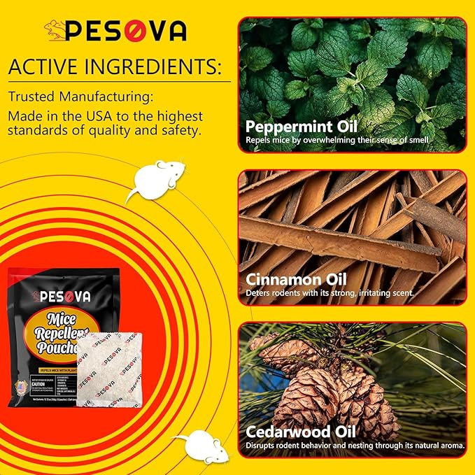 Mouse Repellent Pouches, Extra-Strength Natural Peppermint Oil Mice Repellent Indoor, Made with Plant Fibers Cinnamon and Peppermint Oils, Use Safe for Car/RV/Boat/Garage/Shed (Pack of 12)