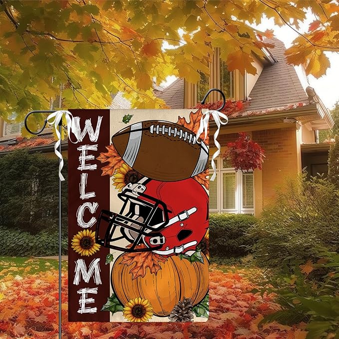 Fall Football Garden Flag Pumpkin Welcome Burlap Yard Flag Autumn Sports Game Sign House Banner Thanksgiving Seasonal Sunflower Garden Flags 12x18 In for Outdoor Lawn Farmhouse Outdoor Decor