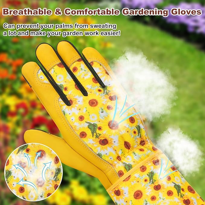 DLY Gardening Gloves for Women, Rose Gloves Gardening Thorn Proof, Long Garden Gloves for Women, Breathable Cowhide Leather Gauntlet (X-Large, Yellow