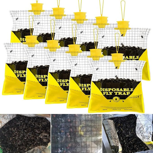Glovv 10 Pack Disposable Fly Trap Bags Outdoor Hanging, Catcher Hunter with Bait, Stable Horse Ranch Control Repellent Killer for Barn, Farm, Mosquito, Bugs