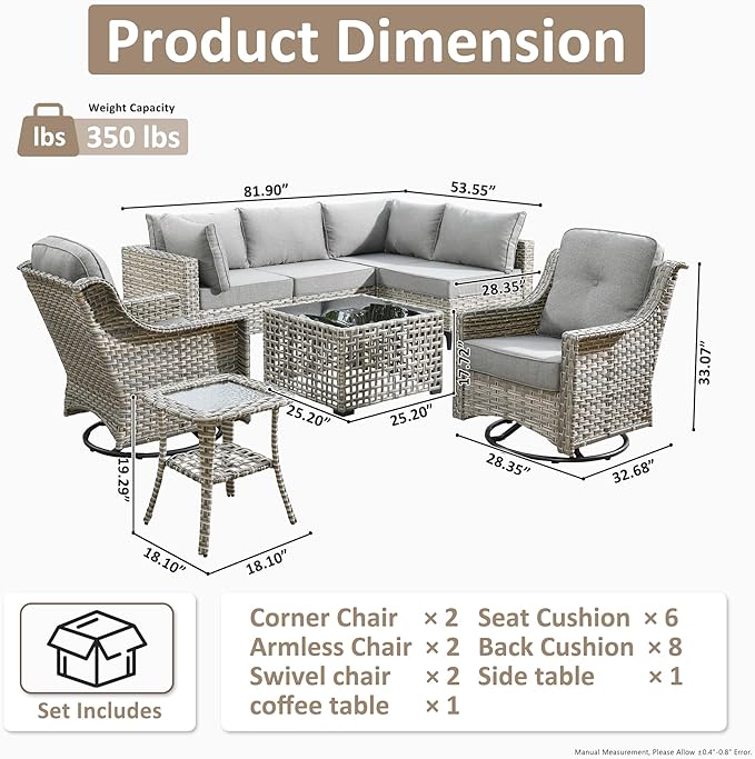 HOOOWOOO Outdoor Patio Furniture Set,8 Pieces Wicker Out Door Sectional Furniture L Shaped Couch,Patio Conversation Sets with Swivel Rocking Chair LED Table,Charcoal Gray