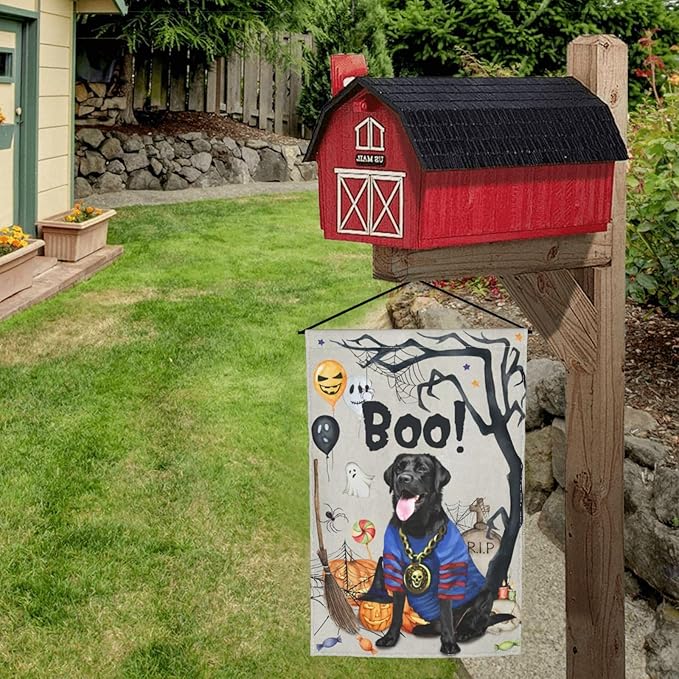 Labrador Black Dog Halloween Boo Pumpkin Garden Flag Welcome Party Outdoor Outside Decorations Picks Home House Garden Yard Decor 12x18 Inch