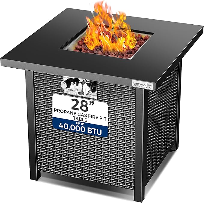 SereneLife 28" Propane Gas Fire Pit Table - 40,000 BTU Outdoor Fireplace with Cover, Stainless Steel Burner & Control Panel, Adjustable Flame, Weather Resistant, Easy Assembly, Outdoor Décor