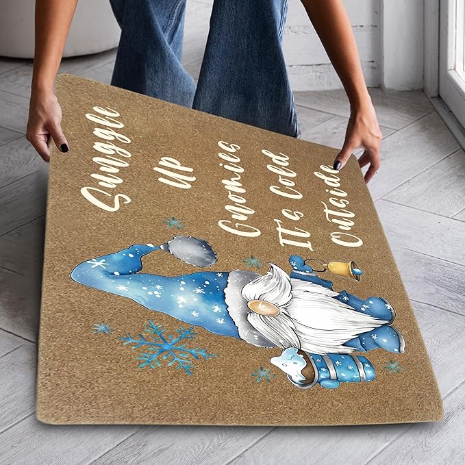 Blue Winter Gnome Faux Coir Door Mats Outdoor, Christmas Gnome Door Mat for Home Outside Entryway, Holiday Winter Christmas Welcome Doormat for Indoor Outdoor Porch Entrance, 17x30 Inch