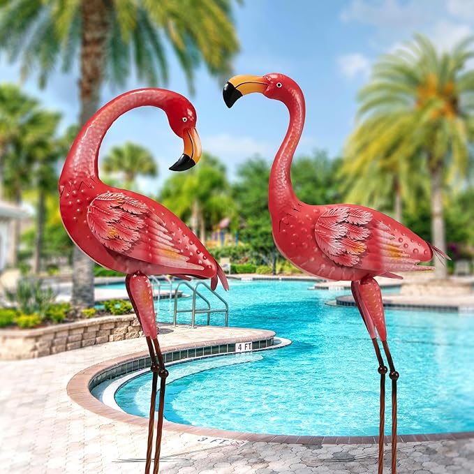 Metal Flamingo Garden Statue, 40" Tall Outdoor Decor Flamingos Yard Art Sculptures and Statues Reinforced Foot, Weatherproof Flamingo Ornaments for Lawn Pool Backyard Decor, Set of 2