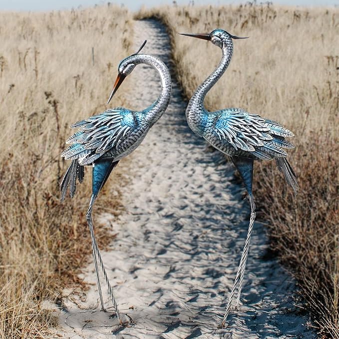 Crane Decor Statues, Blue Heron Garden Statues Metal Yard Art Outdoor Decoy, Garden Sculptures for Yard/Lawn/Pond/Outdoor Decoration, Set of 2
