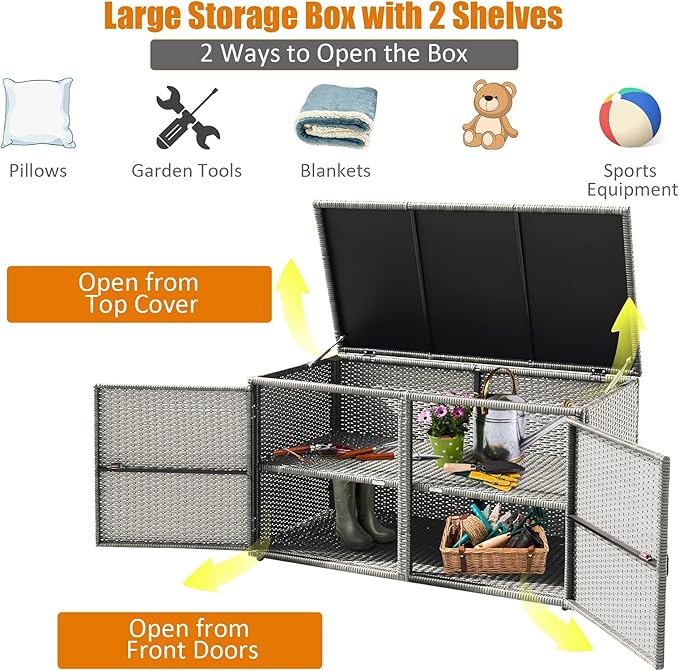 HAPPYGRILL Deck Box Outdoor Patio Pool Storage Box Outside Rattan Wicker Storage Bin Cabinet with Steel Frame Shelf for Garden Balcony Porch Yard Furniture Tools