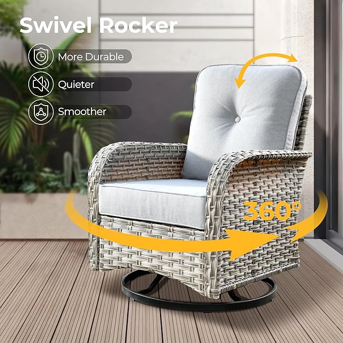 HOOOWOOO Outdoor Sectional Patio Furniture Set with Fire Pit Table,9 Pieces Wicker Conversation Sets,Extra Deep Out Door Sofa Outside Furniture Couch Swivel Chairs Ottoman,Light Gray