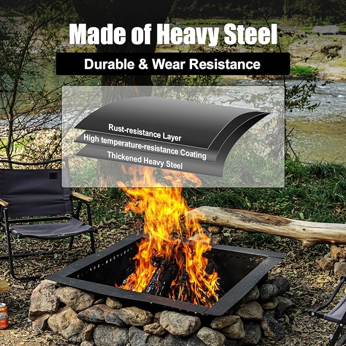 36 inch Square Fire Pit Ring, Heavy Duty Firepit Ring, DIY Campfire Insert Above or In-Ground, for Outdoor, Camping, and Bonfires