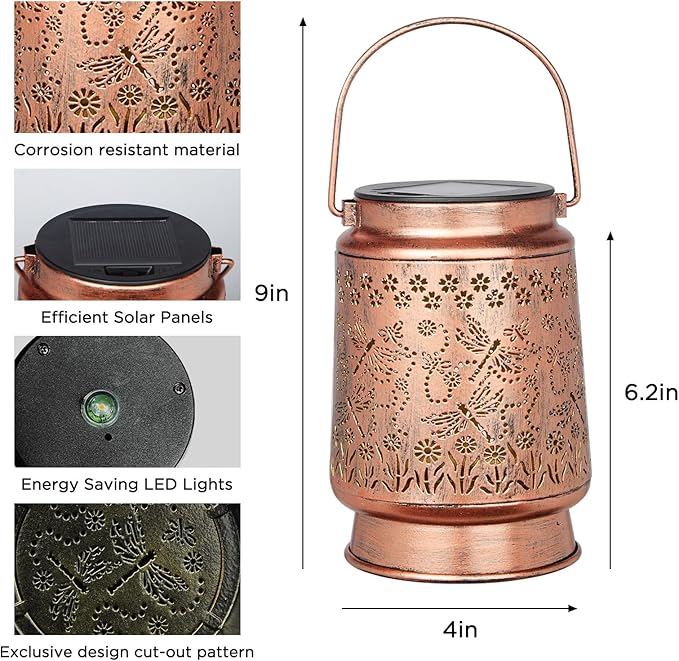 Solar Dragonfly Lanterns Outdoor Waterproof Garden Decor Gifts for mom Women Mom Grandma Hanging Lights Metal Decoration Outside for Yard, Patio, Backyard, Porch,for Garden/