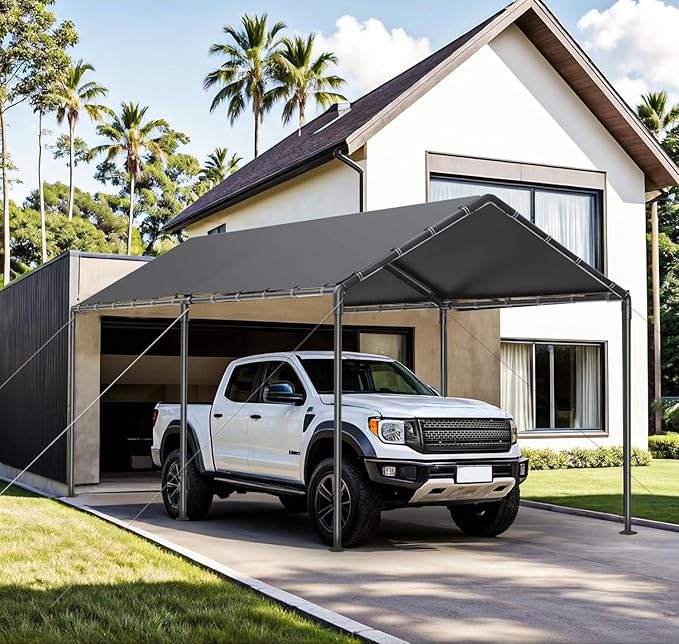 Carport, 10x20ft Heavy Duty Portable Garage, Car Port with Storage Shed, Car Canopy Car Tent with Steel Frame All-Season Tarp for Car, Truck, Boat, Party, Grey