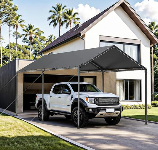 Carport, 10x20ft Heavy Duty Portable Garage, Car Port with Storage Shed, Car Canopy Car Tent with Steel Frame All-Season Tarp for Car, Truck, Boat, Party, Grey