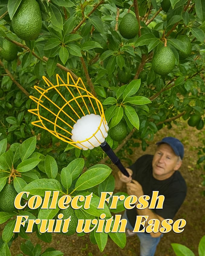 9FT Fruit Picker, Apple Picker Tool with Adjustable Pole and Basket, Long Reach Mango Grabber Tool, Tree Fruit Catcher for Picking Lemon Pear Orange Avocado Peach Citrus