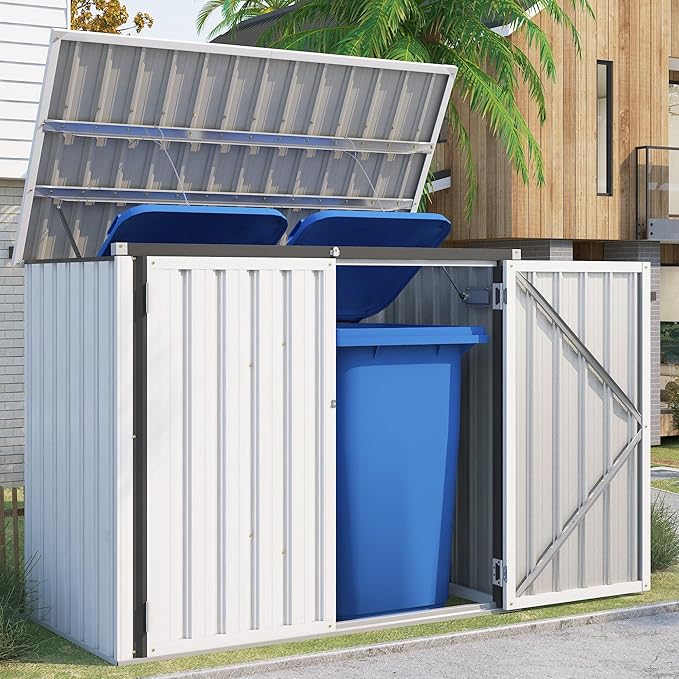 AECOJOY Outdoor Trash Can Storage Shed, 46 Cu.Ft White Trash Can Storage Shed Outdoor Horizontal Storage Cabinet Waterproof, Garbage Can Storage Bicycle Sheds & Outdoor Storage Clearance