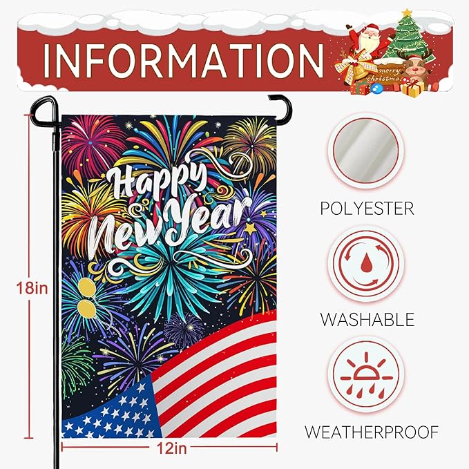 Happy New Year Garden Flag New Year Eve Yard Flags Double Sided American Flag Fireworks House Banner Balloon Holiday Celebration Party Garden Flags for Winter Festival Greetting 12x18 Inch