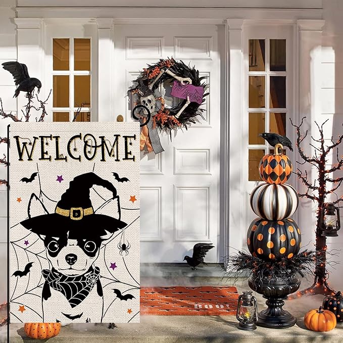 Halloween Garden Flag Chihuahua Cobweb Bats Double Sided Vertical Welcome Flag Seasonal Holiday Outdoor Yard Lawn Party Decorations 12.5 x 18 Inch
