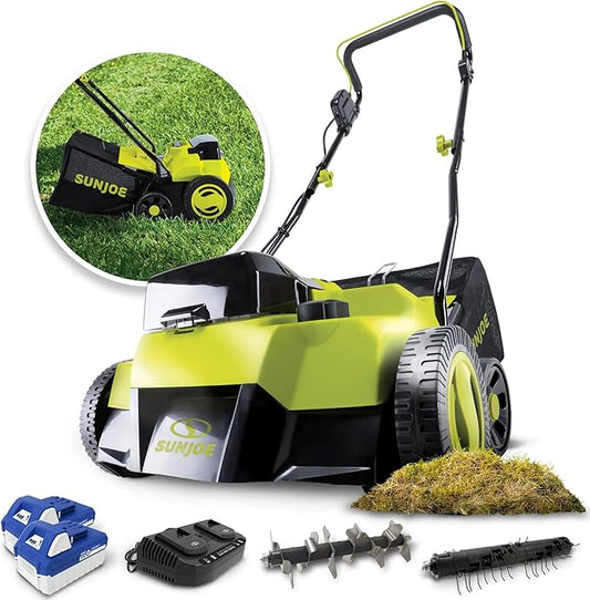 Sun Joe 24V-X2-DTS15 Scarifier and Dethatcher Kit, 5-Depth Positions, 15-inch, Brushless Motor, w/ 2 x 24-V 4.0-Ah Batteries and Dual Port Charger