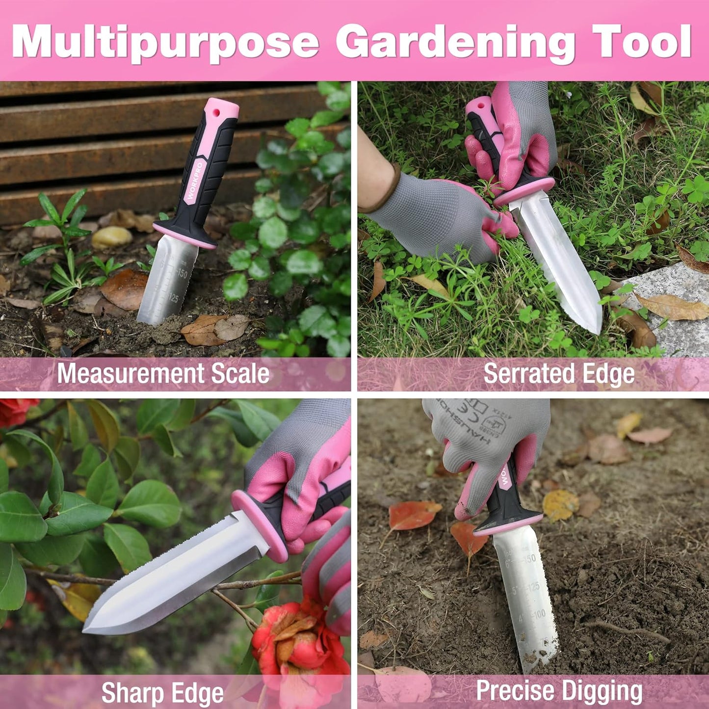 WORKPRO Hori Hori Garden Knife, 7" Stainless Steel Blade with Cutting Edge, Garden Tools with Oxford Sheath, Ergonomic TRP Handle with Hanging Hole for Weeding, Planting, Digging, Pink