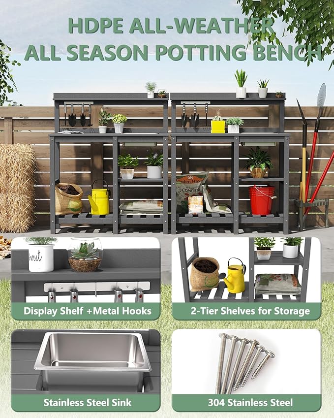 FOOWIN Potting Bench, HDPE Outdoor Potting Table with Sink, All-Weather Potting Benches for Outside, Gardening Table with Storage Shelf, Hook, for Garden, Patio, Lawns, Grey