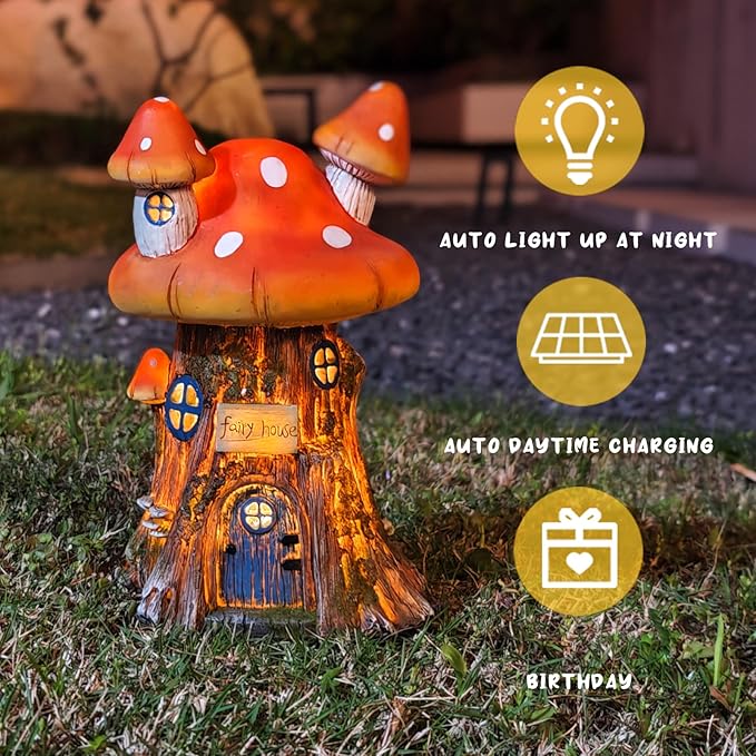 COWOS Mushroom House Sculptures, Collection of Resin Garden Sculptures, Resin Fairy House Statue, Solar Fairy Garden Figurine with Warm White Light Mushroom for Outdoor, Lawn, Yard Decoration