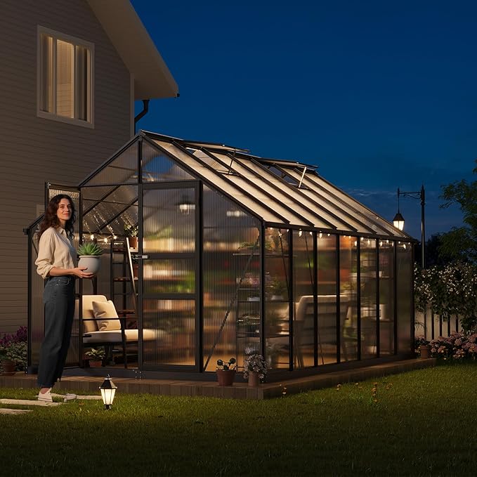 Greenhouse, 8x14 FT Greenhouses for Outside, Polycarbonate Greenhouse with Aluminum Frame, Lockable Door and Ajustable Roof Vent for Backyard, Green Houses for Outside Garden Backyard, Patio