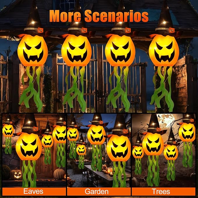 Halloween Decorations Outdoor Decor Hanging Lighted Glowing Pumpkin Witch Hat with 3 Modes Lighted Up Scary Orange Halloween Decorations for Indoor Outside Party Yard Tree Garden (4Pcs)