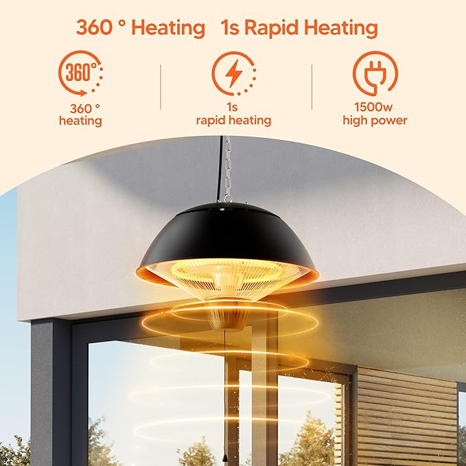 Electric Outdoor Heater, 1500W Hanging Ceiling Mounted Infrared Patio Heater for Outdoor Use, Waterproof Electric Heater for Porch, Balcony, Garage, Adjustable Height, Black