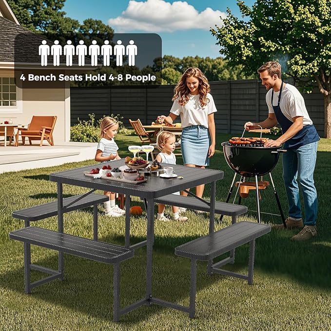Giantex Picnic Table Bench Set for 4-8 People, 34" Outdoor Square Dining Table & 2 Benches w/Umbrella Hole, HDPE Tabletop, Metal Frame, Patio Camping Furniture for Backyard Porch Lawn (Black,Square)
