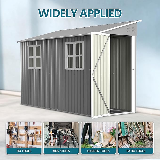 Lean Outdoor Storage Shed with 2 Adjustable Windows, 4x10 FT Heavy-Duty Outdoor Shed w/Reinforced Floor Fram and Lockable Door, Garden Tool Storage Cabinet for Backyard Garden Patio Lawn, Gray