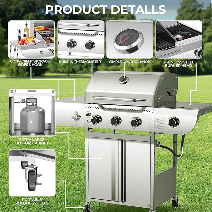 3-Burner Propane Gas Grill with Side Burner – 34,000 BTU Stainless Steel Outdoor BBQ Grill, Cast Iron Grates, Portable with Wheels for Patio, Camping