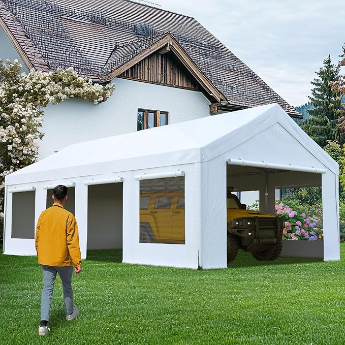 Quictent Heavy Duty 13x25 ft Carports with Side Zipper Doors & Snowproof Steel Cables & Ventilated Windows, Waterproof Storage Shelter for Car, Boat, RV, Outdoor Equipment, White