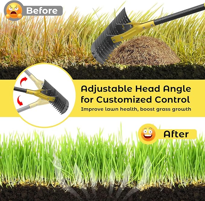 Thatch Rake,69 Inch Garden Thatching Rake for Grass Removal, 15 Inch Wide Heavy Duty 19 Teeth Steel Metal Garden Leaf Rakes,Landscaping Raking Garden Tools for Lawn Care Loosening Leveling Soil Mulch