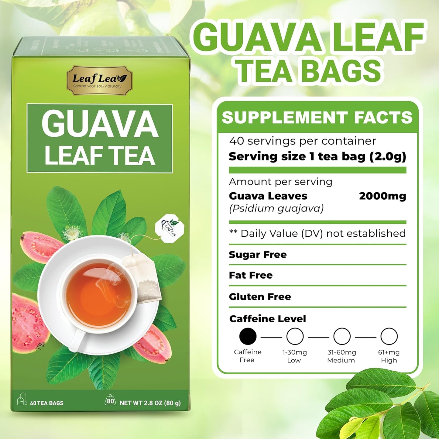 LeafLea Guava Leaf Tea, 40 Individually Wrapped Tea Bags, Made from 100% Natural Guava Leaves (Hojas De Guayaba), Supports Digestion & Wellness, Caffeine-Free, Sugar-Free, Vegan, Non-GMO