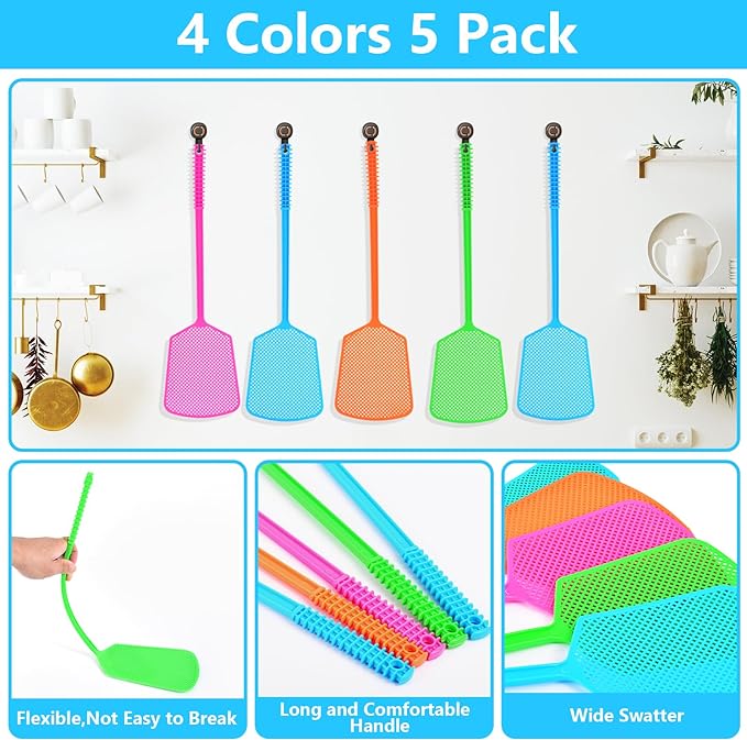 Fly Swatter,5 Pack Plastic Heavy Duty Manual Fly Killer, Long Handle Flyswatter, Large Bug Swatters That Work for Indoor and Outdoor