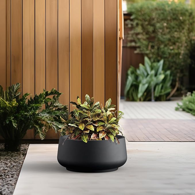Kante 16.1" Dia Round Curvy Concrete Planter, Large Plant Pots with Drainage Hole and Rubber Plug for Indoor Outdoor Plants, Flower Pot for Home Garden Patio Porch, Black